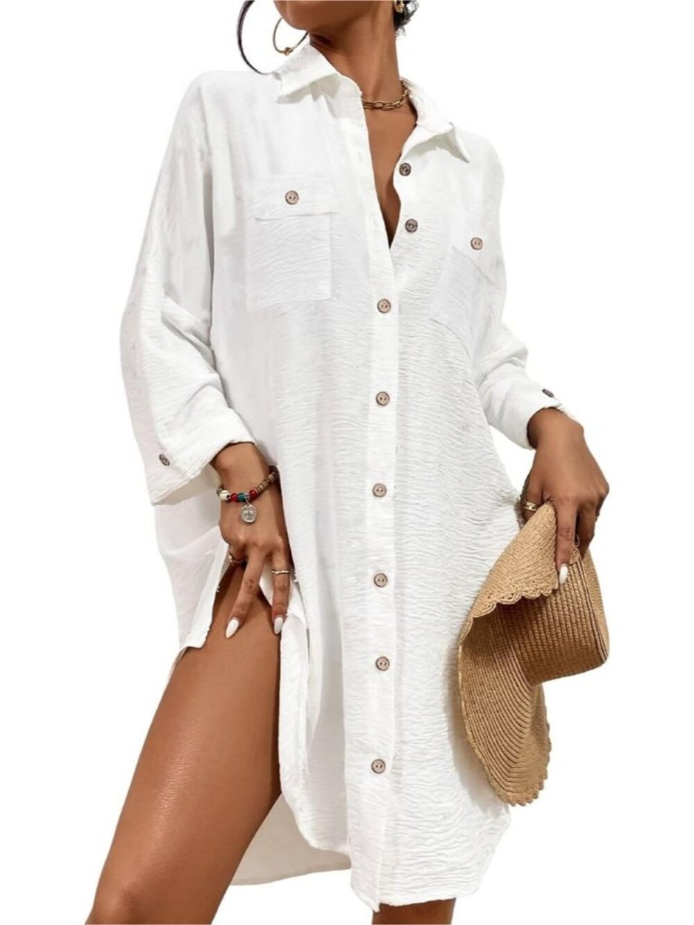 Women's White Polyester Button Down Shirt Cover Up Beachwear Swimsuit Cover Up